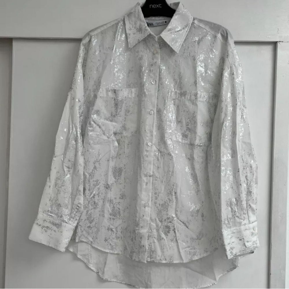 Zara Brushed Silver Metallic Foil White Cotton Button-Up Blouse | S | NWT